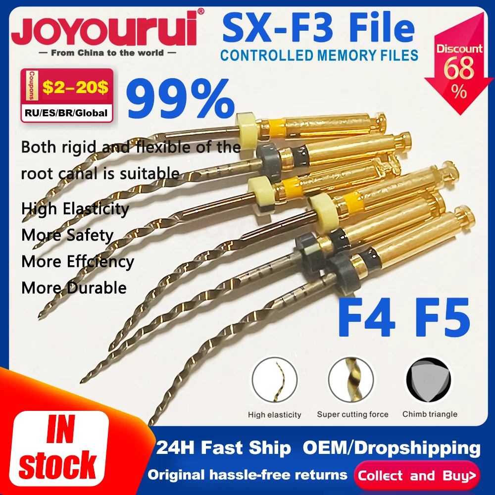 

6PCS/box Dental Root Canvas 04Tape F4 F5 Endodontic File Gold Heat SX-F3 Files Rotary File Flexible Dental Materials Instruments