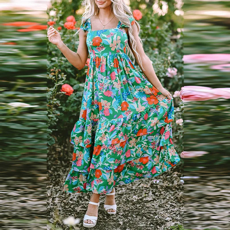 

Summer New Floral Print High Waist Thin Long Dress Women 2025 European and American Fashion Ruffle Edge Sleeveless Dress Women