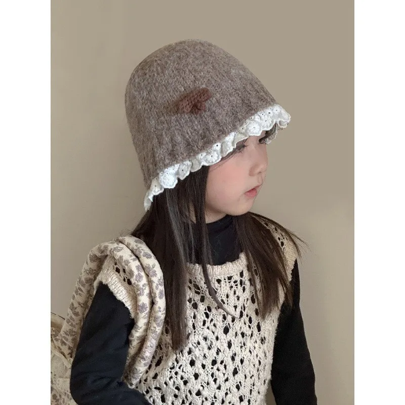 

Korean-style Girls' Fisherman Hat: Lace Trim Knitted Cloche – Sweet Versatile Design, Warm for Toddlers & Girls Autumn/Winter