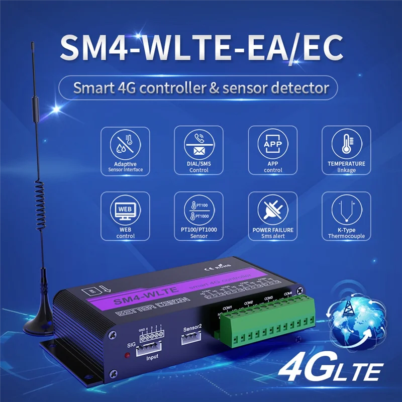 SM4-WLTE 4G Беспроводной GSM SMS Дистанционный контроллер включения/выключения 4 реле Приложение Дистанционное управление Датчик температуры-вилка европейского стандарта