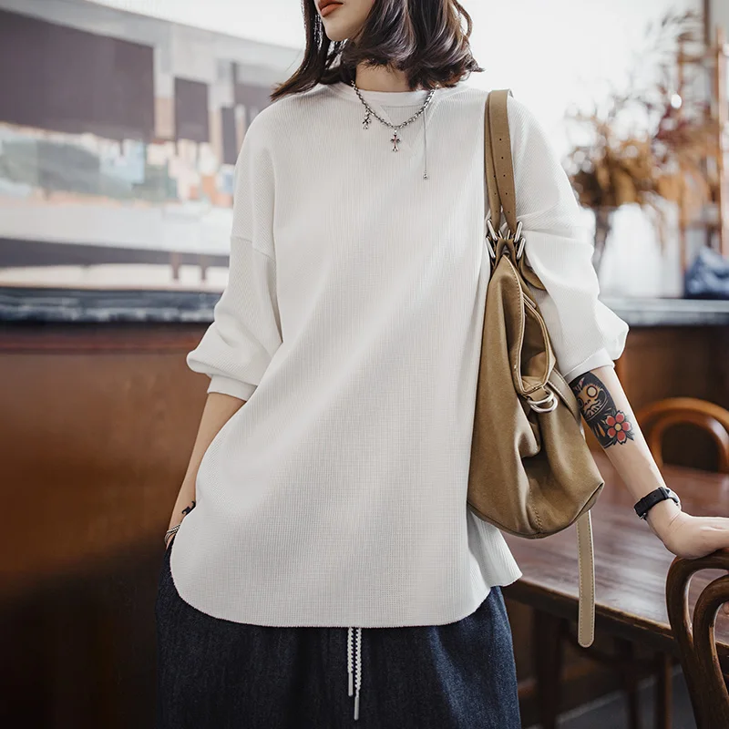 Maden White Waffle Knit Fabric Sweatshirt Women Autumn Loose Fit Round Neck Long Sleeve Henley T Shirt Top
