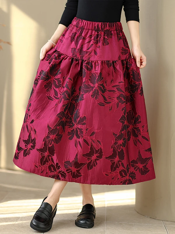 กระโปรงทรงเอพองเอวสูงลายดอกไม้สไตล์ศิลปะลำลองอเนกประสงค์สำหรับผู้หญิงไซส์ใหญ่ ฤดูใบไม้ผลิ 2026