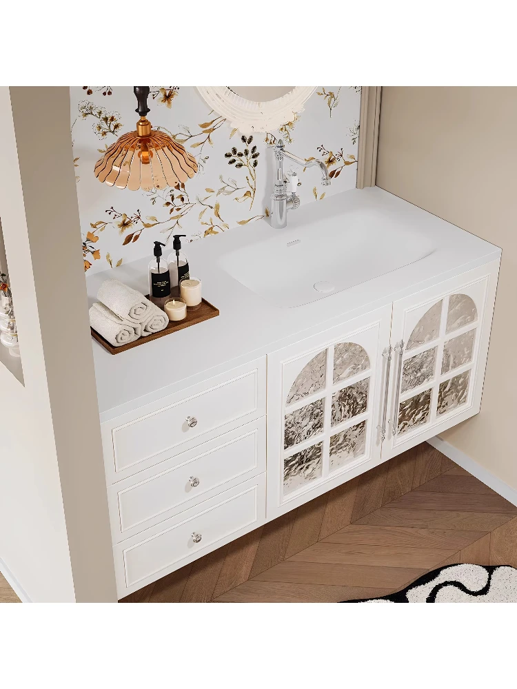 

French cream style Corian integrated basin rubber wood paint hanging smart bathroom cabinet