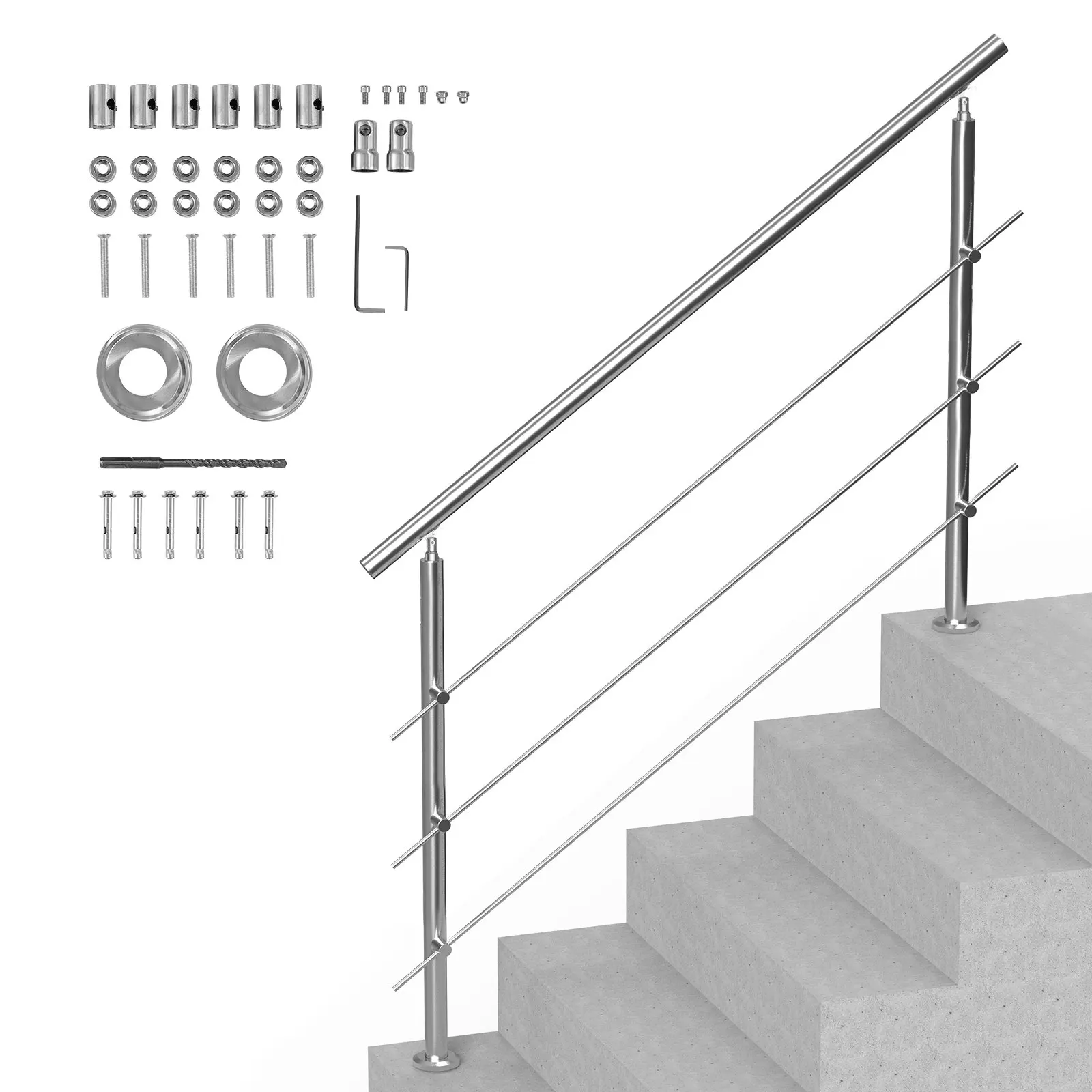 Rampe d'escalier extérieure double colonne en acier inoxydable de 150 cm avec 3 barres transversales, kit d'installation complet, rail de sécurité antidérapant pour personnes âgées, pour entrée de véranda et terrasse