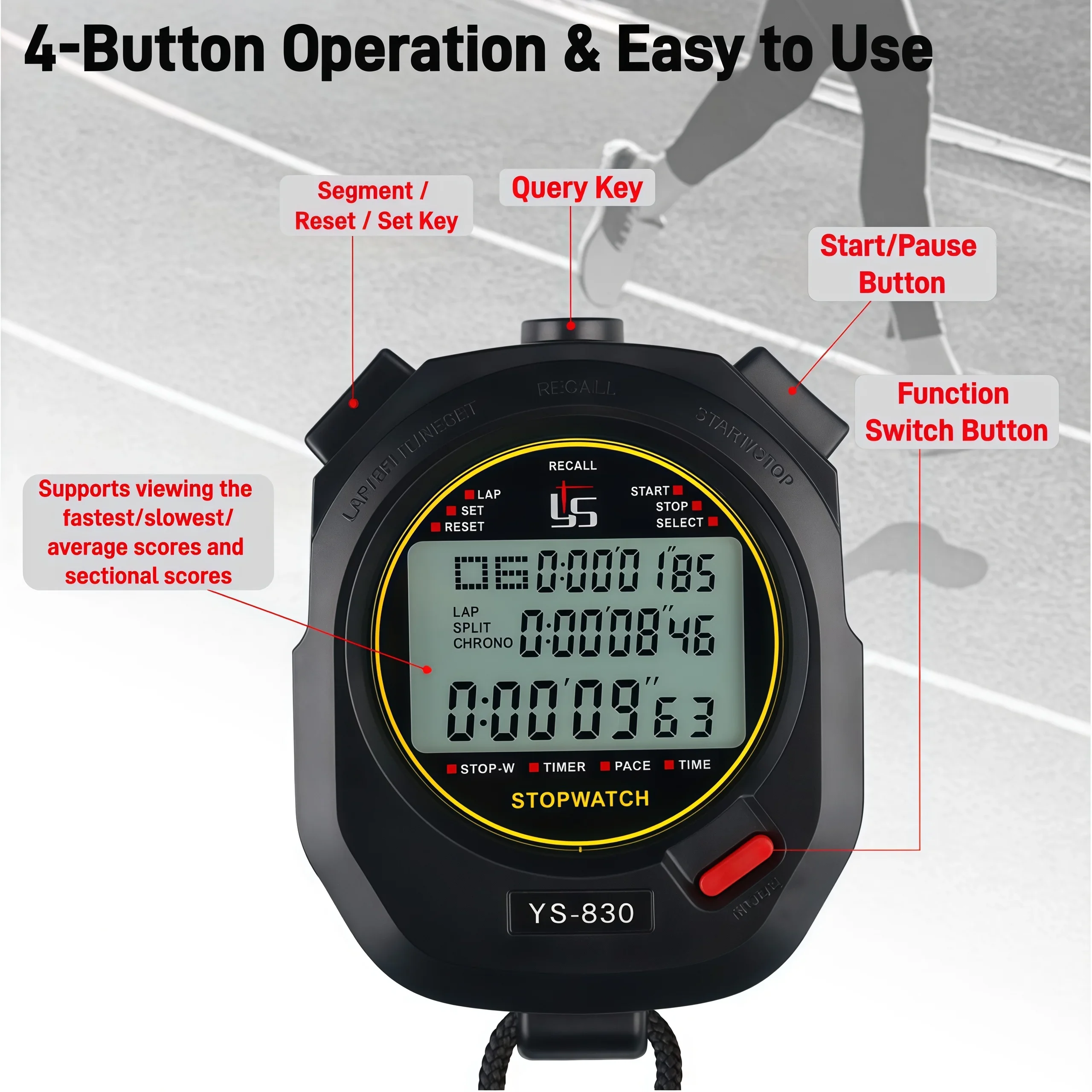 ساعة توقيت رياضية بذاكرة 100 لفة، مؤقت عد رقمي لأعلى/لأسفل مع شاشة كبيرة للجري والتدريب والتدريب والحكم