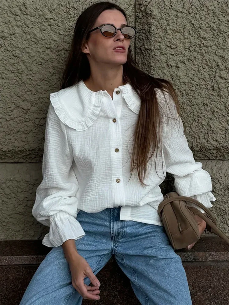 

Women's Shirts 2025 Summer White Ruffled Shirts Top Female Casual Lapel Slim Long Sleeve Solid Blouse Clothes