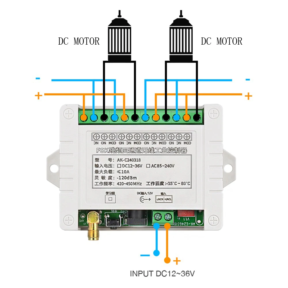 DC 12V 24V 36V 420-450MHz 4 Channel 10A Relay FSK FHSS Wireless Remote Control Switch Receiver Transmitter For Motor Lights