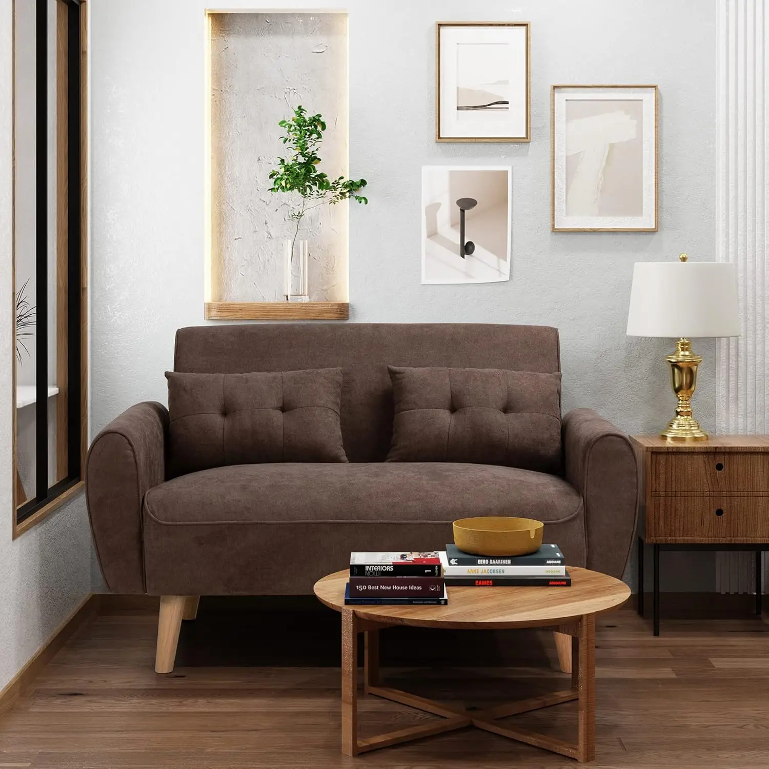 

Small Modern Loveseat Sofa Mid Century Fabric Upholstered 2-Seat Couch for Small Space Living Room with 2 Pillows Brown