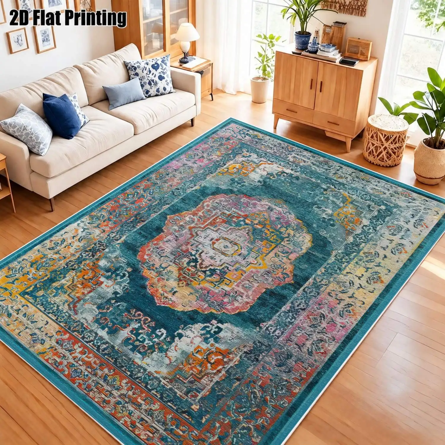 1Pc 2D Printed Velvet Carpet, Retro Floral & Geometric Patterns, Multi-Size, Machine Washable, Ideal for Home Decor, Living Room, Bedroom, Dining Room, Entryway, Study
