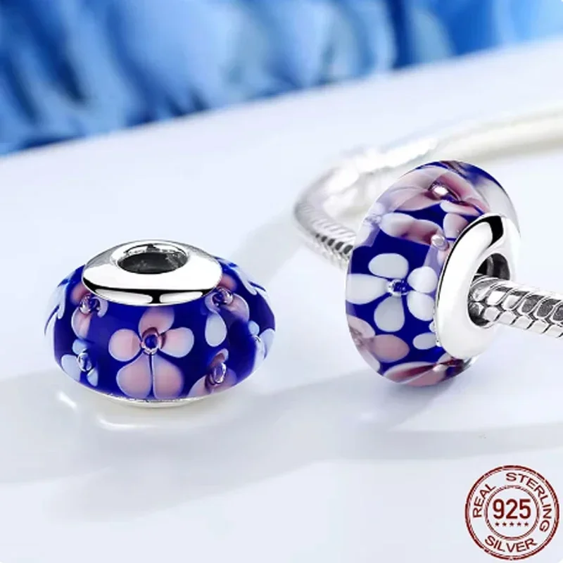 New Original Real 925 Sterling Silver Flower Charms Glass Bead Colorful Murano Fit Original Bracelet DIY for Women Jewelry Gifts