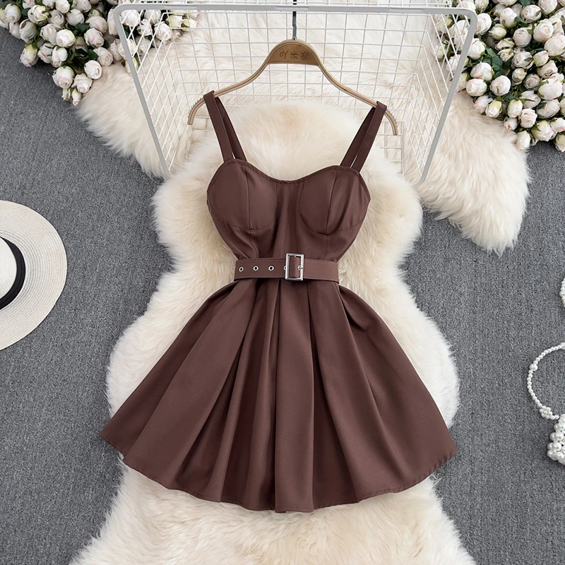 

American Retro Sexy Camisole Dress Fashion High Waist Slim Sleeveless Backless A-line Dresses Summer Solid Thin Women's Clothing