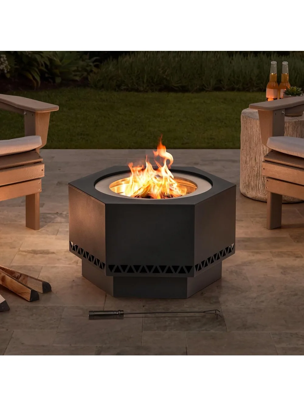 Fire Pit Smokeless 28 in. Hexagonal Outdoor Fire Pit - Ultimate Patio Wood Burning Experience with PVC Cover and Fire Poker