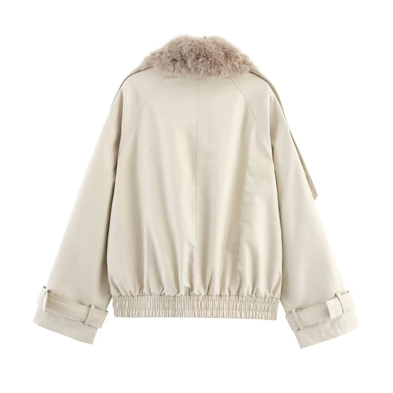 Casual Fur Collar Trench Short Coat Women‘s Lapel Double Breasted Pockets Full Sleeve Street Jacket 2025 Autumn Lady Outerwear