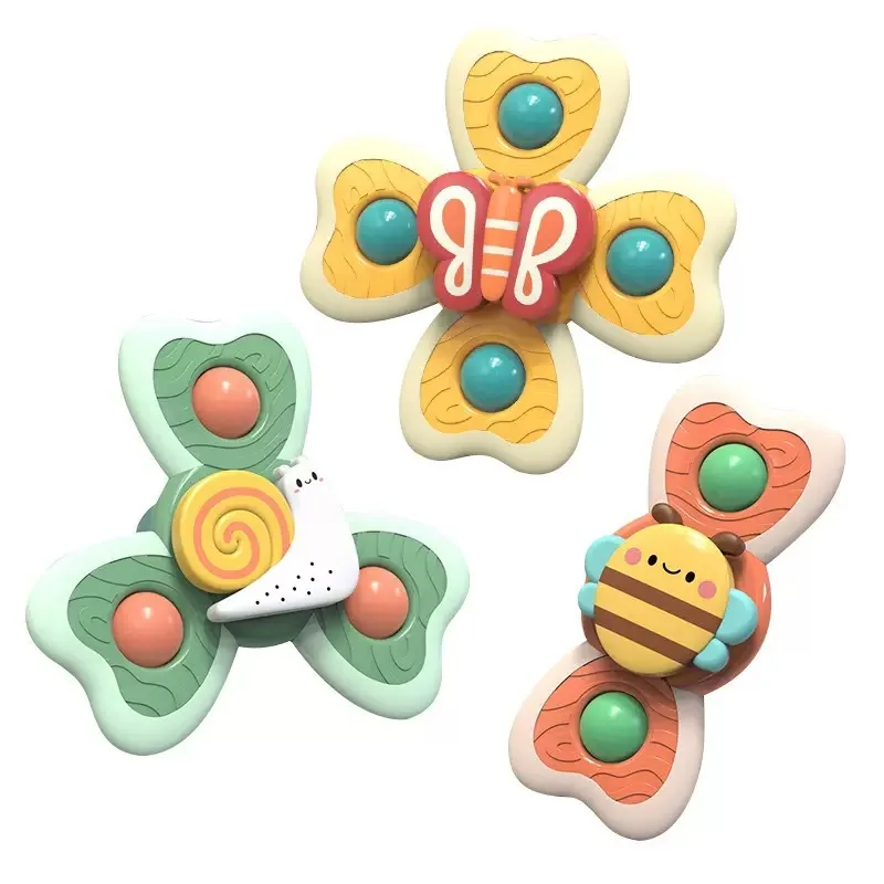 3Pcs Baby Suction Spinner Toys with Rattle Balls, Safe TPE Teether Butterfly Bee Snail for Bath High Chair Sensory Play 6+M