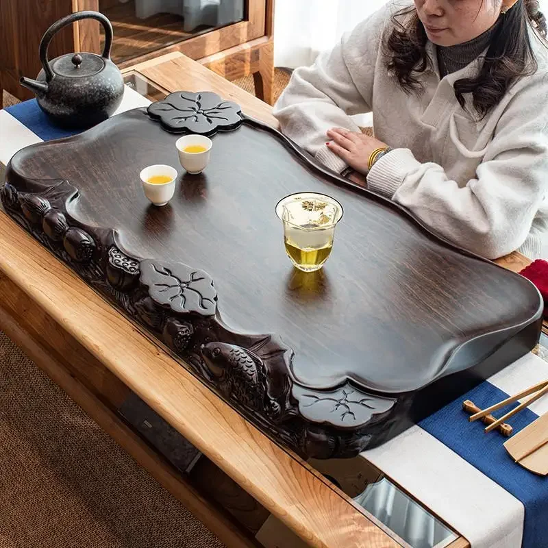 Whole log ebony carved tea tray solid wood, household small tea table tray tea sea kung fu