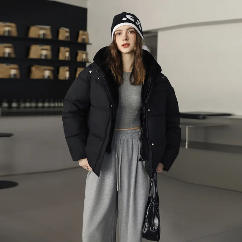 Women Short Parkas Coats Spliced Jacket Zipper Pocket Hooded Faux Layered Drawstring Long Sleeves Office Lady Casual 2025 Winter