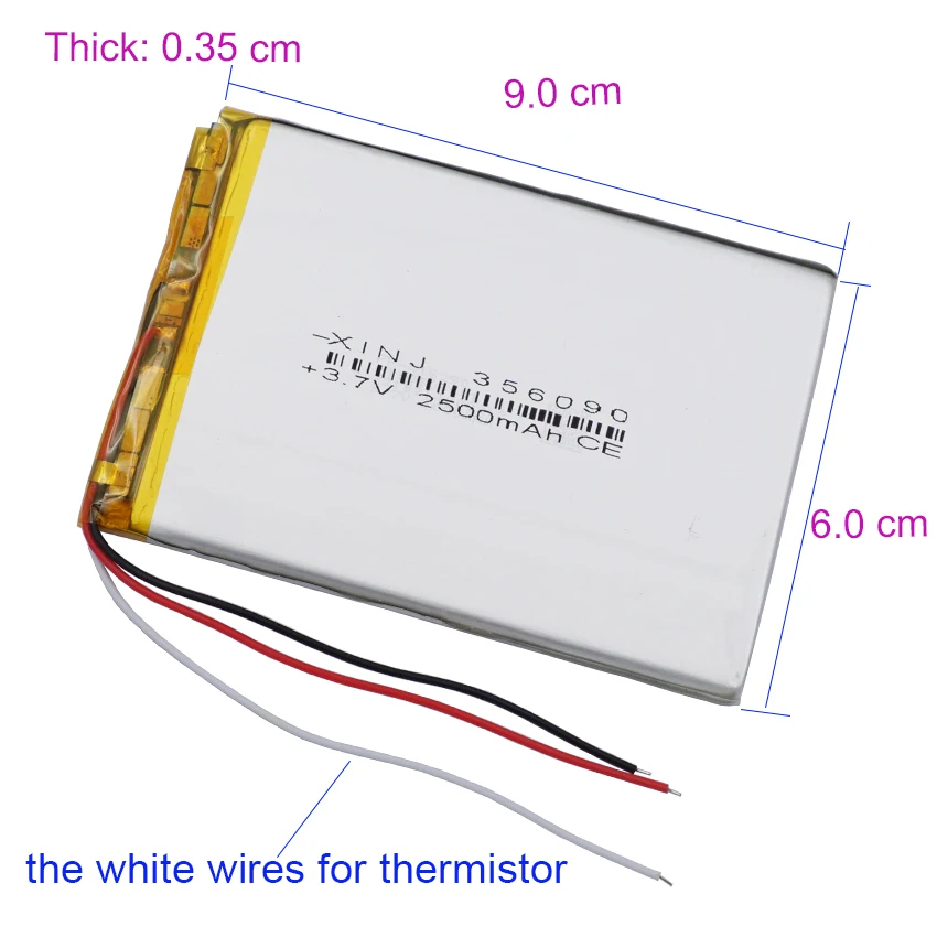 3.7V 2500mAh 9.25Wh Rechargeable Li Battery NTC 3-Wires Thermistor 356090 JST 3Pin 1.0/1.25/1.5/2.0/2.54mm Connector plug