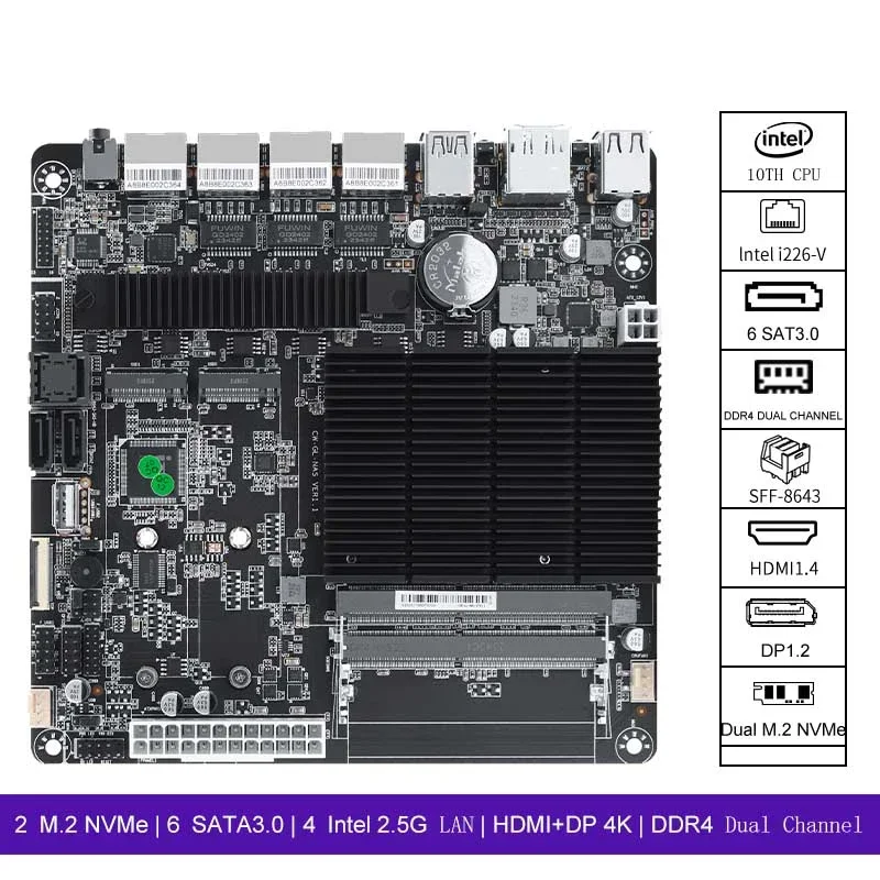SmCpJ4125 Nas Motherboard 6 Bay Nas Board 4 I226-v 2.5g 2 M.2 Nvme Asm1064 Chip 6 Sata3.0 2*ddr4 Dp 17x17 Mini Itx Board