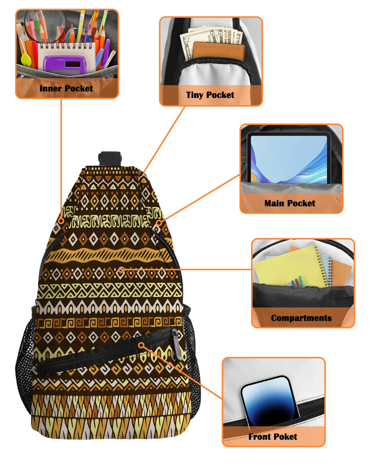 African Tribal Pattern Chest Bag for Men Casual Sports Shoulder Bag Women's Travel Waterproof Messenger Bag