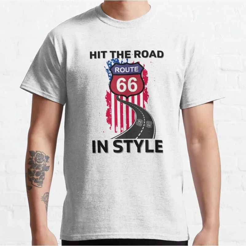 

Hit the Road In Style Vintage Route 66 Highway Mother Road trip USA Gift T-Shirt for Motorcycle biker 100% Cotton printed Tops