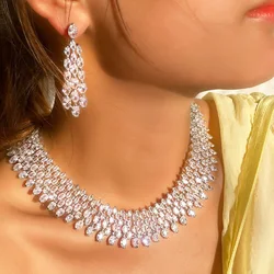 CWWZircons Luxury Chunky Full Cubic Zirconia Paved Dinner Party Bridal Wedding Choker Big Necklace Jewelry Sets for Women T644