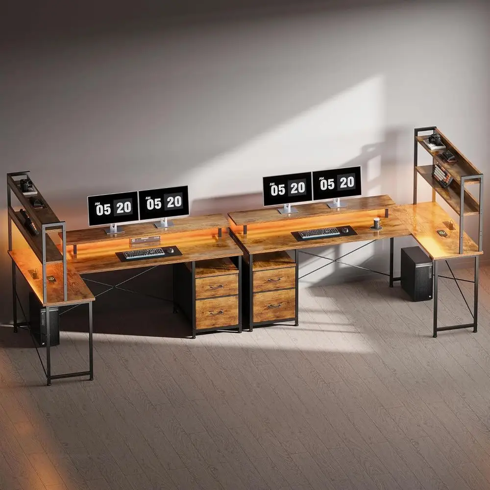 โต๊ะทำงานแบบมีไฟ LED แบบพลิกกลับได้พร้อมพอร์ตชาร์จและชั้นวางเข้ามุมสำหรับโฮมออฟฟิศ สีน้ำตาล