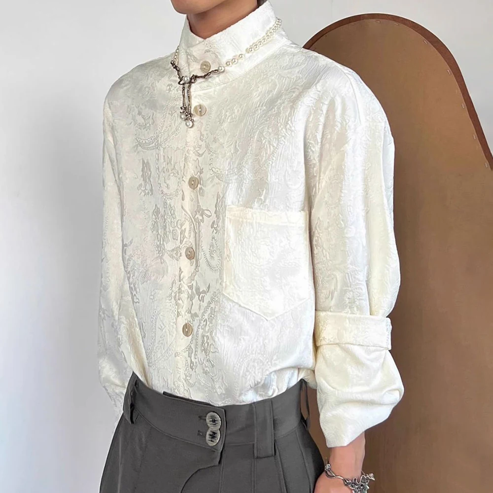 

Mens Autumn Winter Chinese Style Retro Jacquard Shirt Genderless Fashion Solid Color Loose Stand-Up Collar Long-Sleeved Shirt