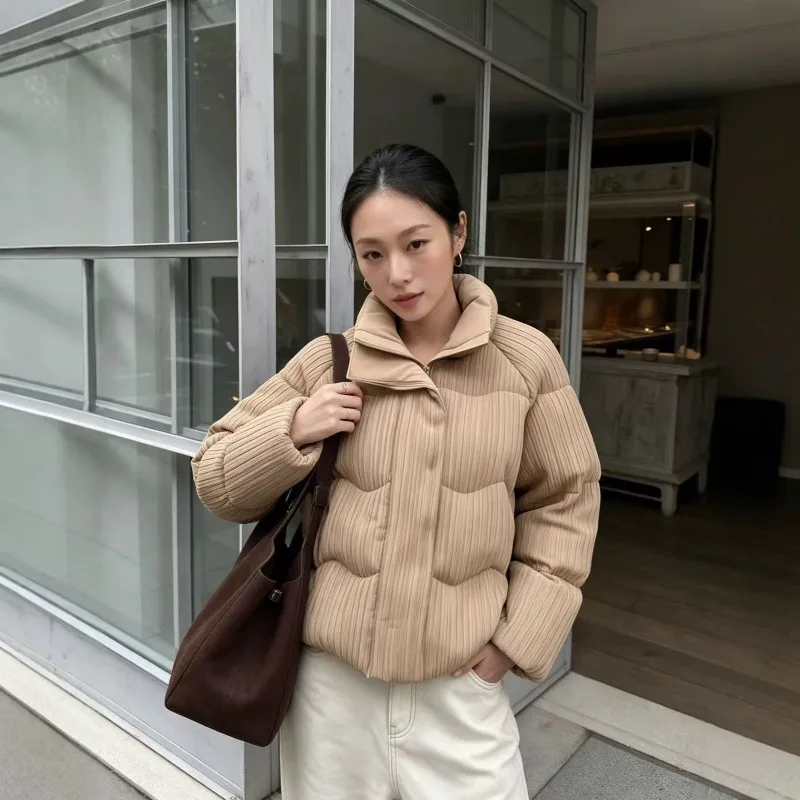 Pleated Cotton Parkas Women 2026 Autumn New Ultra-Thick High Collar Slim Commuter Fashion Short Silky Cotton Button Cotton Coat