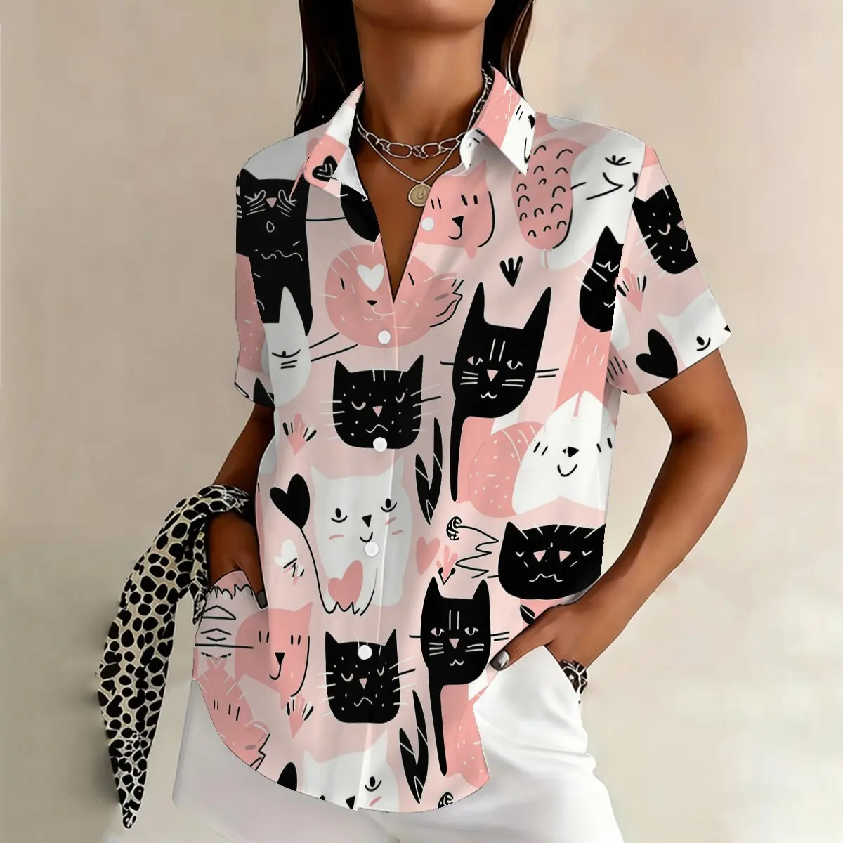 

Summer fashion plus-size women's short-sleeve lapel shirt, cute cartoon cat print, sweet and healing, gentle, lively and stylish