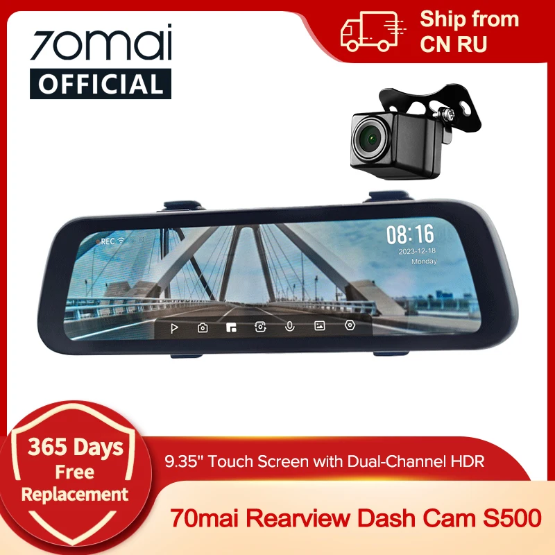 9.35 Inch Full Screen 70mai Rearview Dash Cam S500 1944P Auto Cam 138FOV 70mai S500 Mirror Car Recorder Stream Media Car DVR