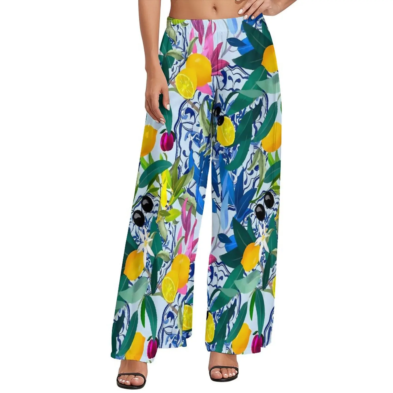 

Fruit Print Pants Colorful Leaves Trendy Wide Leg Pants Ladies Oversized Street Fashion Design Straight Trousers