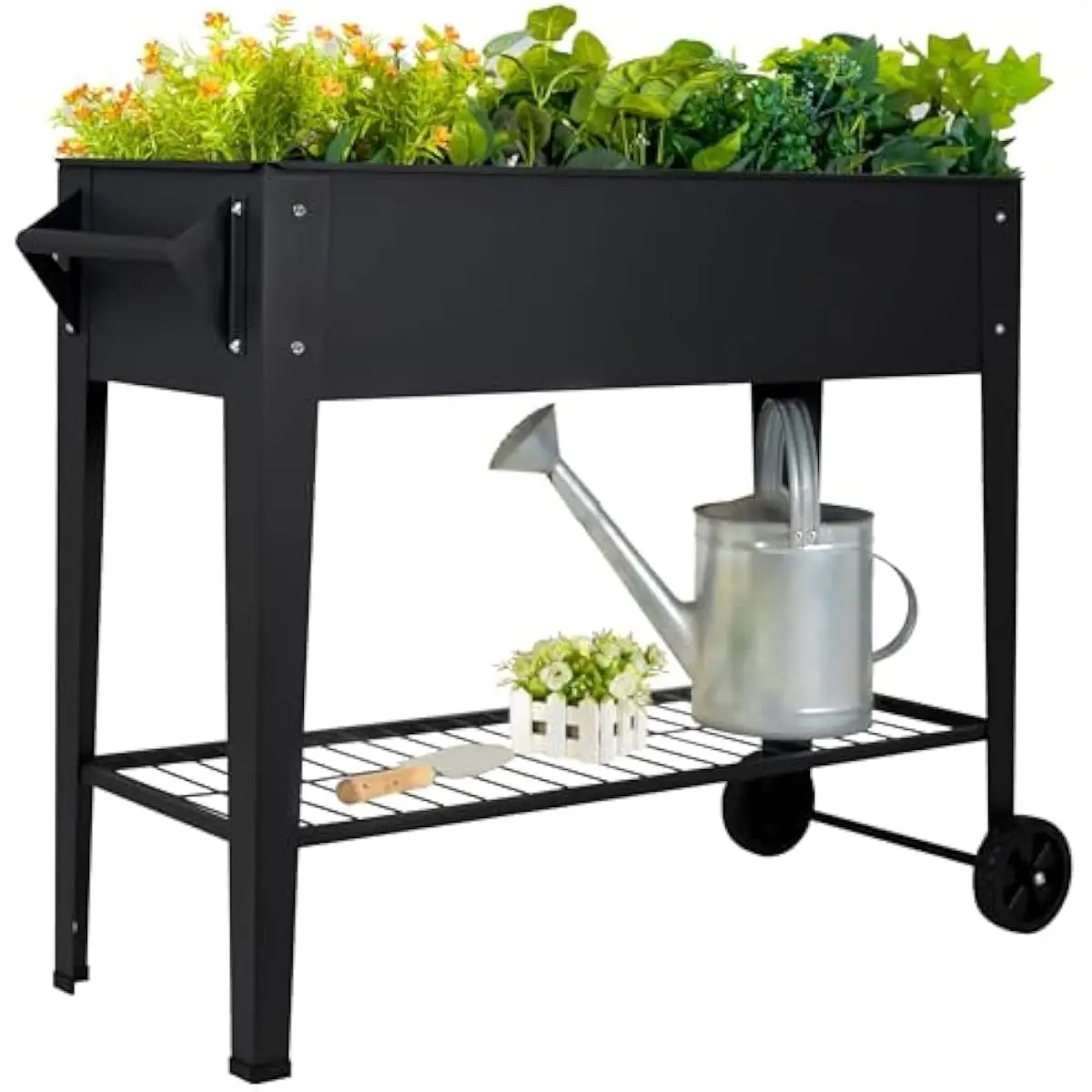 Elevate 32-inch Mobile Raised Garden Bed — Black Iron Frame with All-Terrain Wheels and Ergonomic Handle for Effortless Relocati