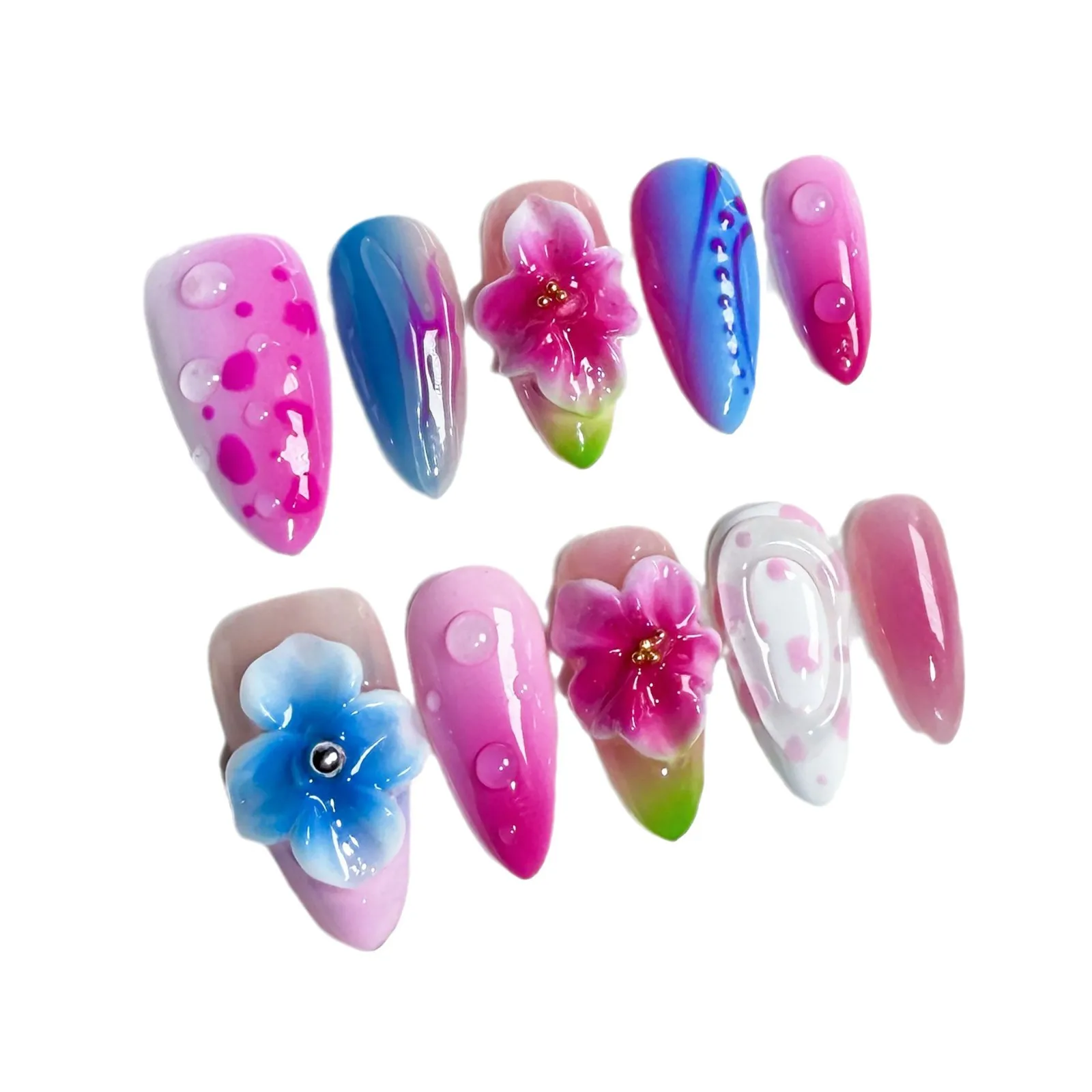 Imprensa de amêndoa artesanal em unhas 3d mão esculpida flor blush remendos de unhas falsas coreano bonito remendos de unhas falsas para menina wearable