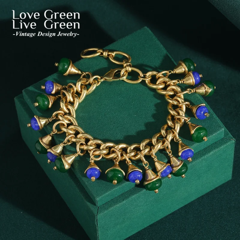 

Vintage Charms For Bracelet Natural Stone Tassel Green Blue Beads Antique Gold Color Accessories Luxury Designers Jewelry Summer