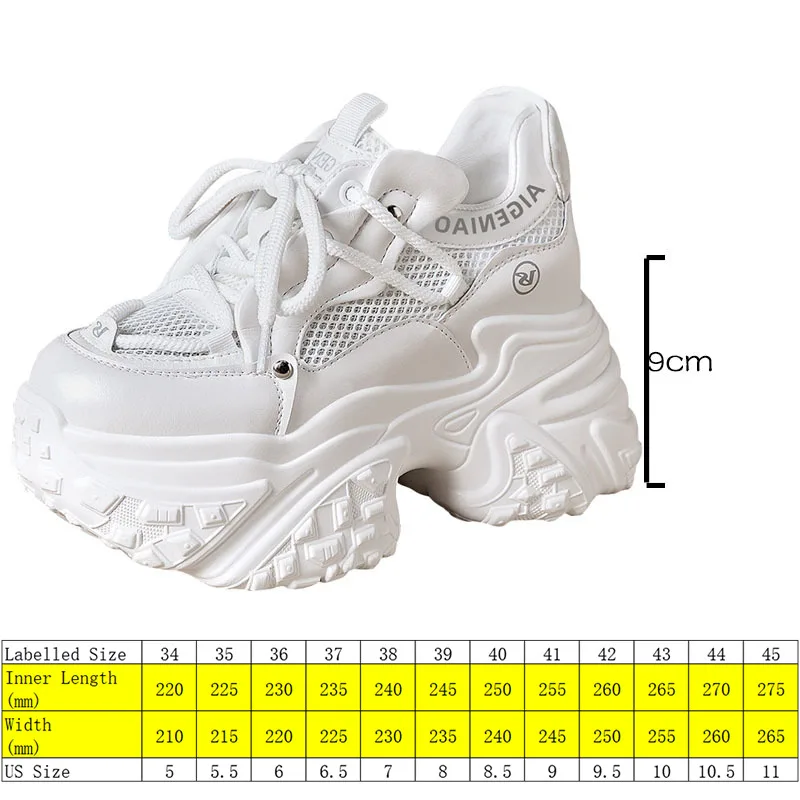 Koznoy 9cm Air Mesh Microfiber Synthetic Leather Summer Boots Hollow Chunky Sneakers Fashion Women Comfy Lace Up Vulcanize Shoes