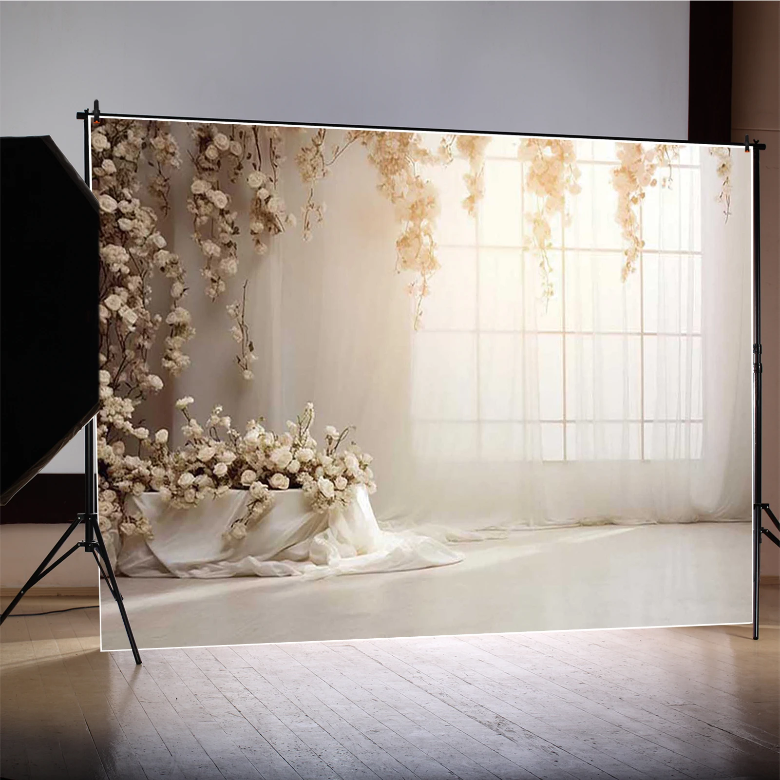 MOON.QG ホワイトアーチ窓カーテン背景写真花キャンドルドレープ女性ポートレート背景写真スタジオ女の子の誕生日