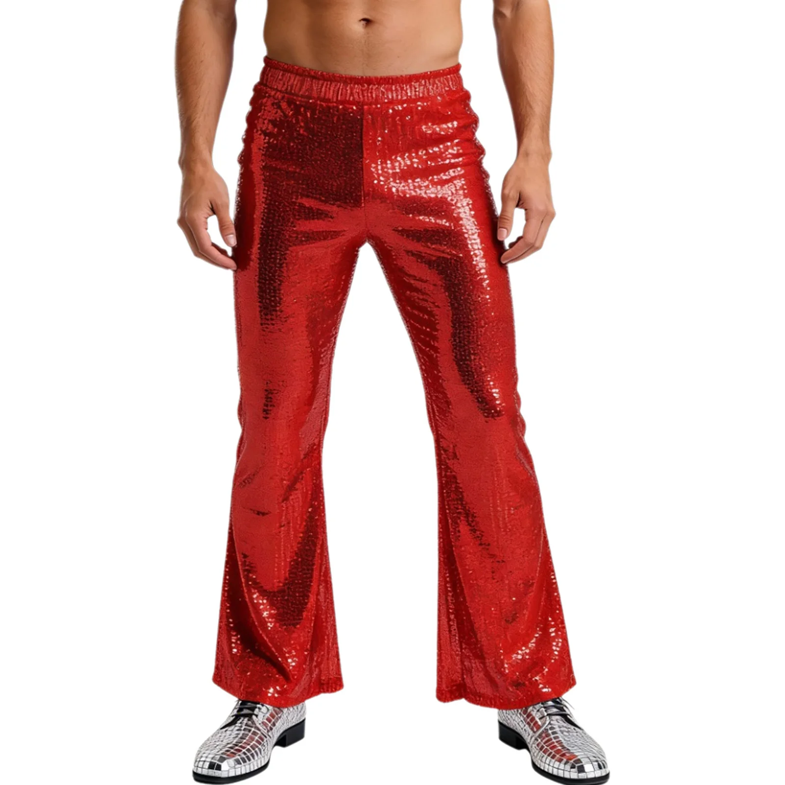 

Men Fashion Glittery Disco Dance Pants Elastic Waistband High Rise Fully Lining Loose Pants Bling Pants for Club Raves Party