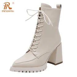 PRXDONG Genuine Leather Autumn WInter Warm Ankle Boots Square High Heels Platform Shoes Woman Black Beige Zipper Dress Office 39