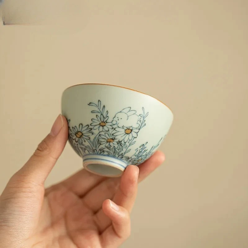 

Набор из 2-х чашек для чая в стиле Ru Kiln: милые кролики и маргаритки, сине-белые, для дзен-медитаций и дегустации чая, мастер-чашки Jianzhan, 70 мл