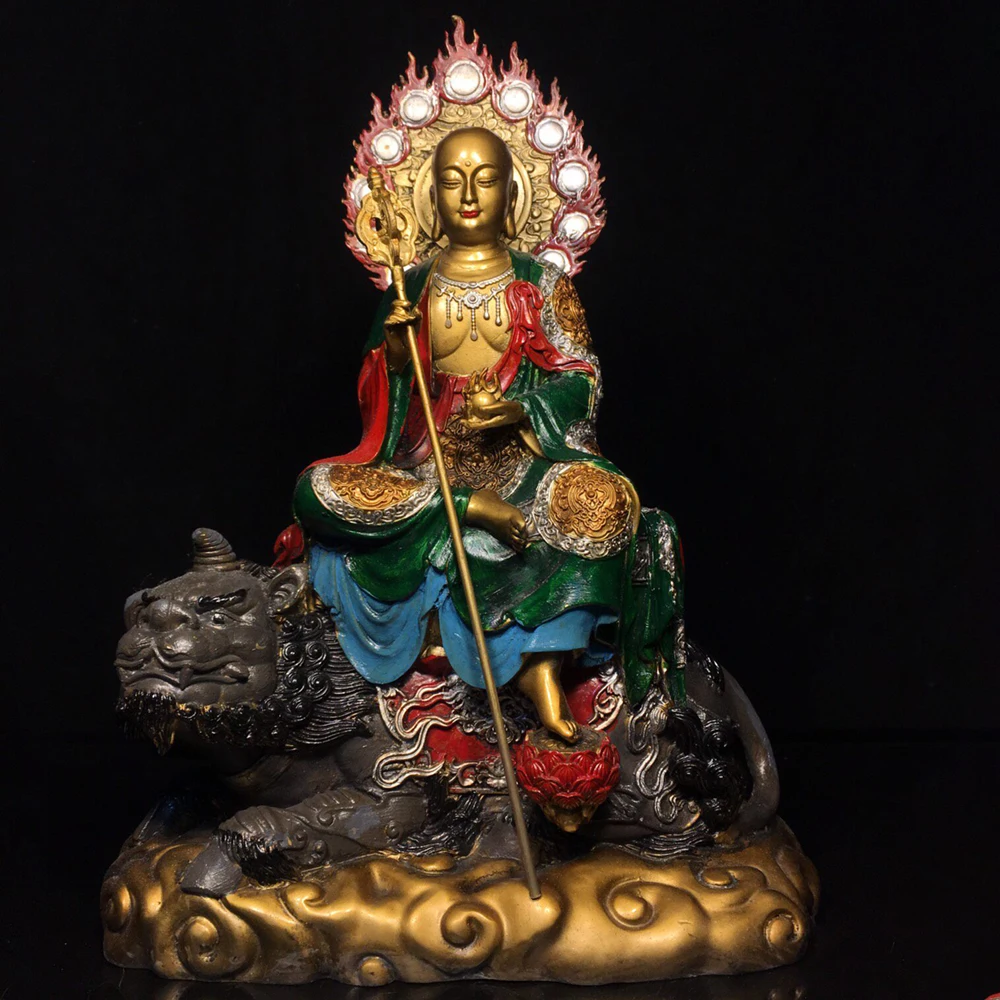 Exquisite Old Bronze Painted Ksitigarbha Bodhisattva Statue Serene Face Heavy Patina Fine Craftsmanship Home Decor Collectible
