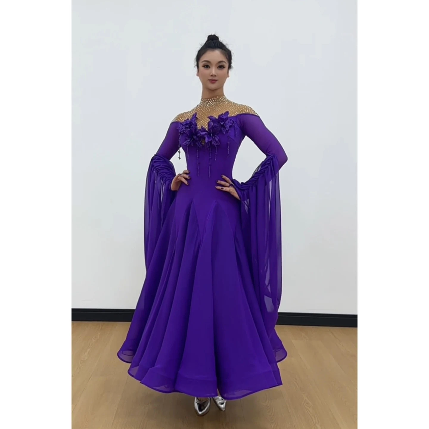 Ballroom Dance Competition Dress Women Purple Rhinestone Flower Long Sleeves Waltz Dance Clothing Performance Costume BL18412