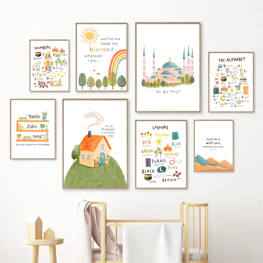 

Islamic Wall Art Children's Prints Blue Mosque Blessing Kaaba Camel Allah Bismillah Posters For Kids Room Decor Canvas Painting