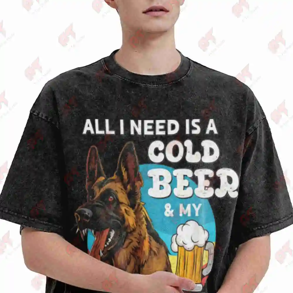 German Shepherd Cold Beer Vintage Washed Tee Pure Cotton T-Shirt