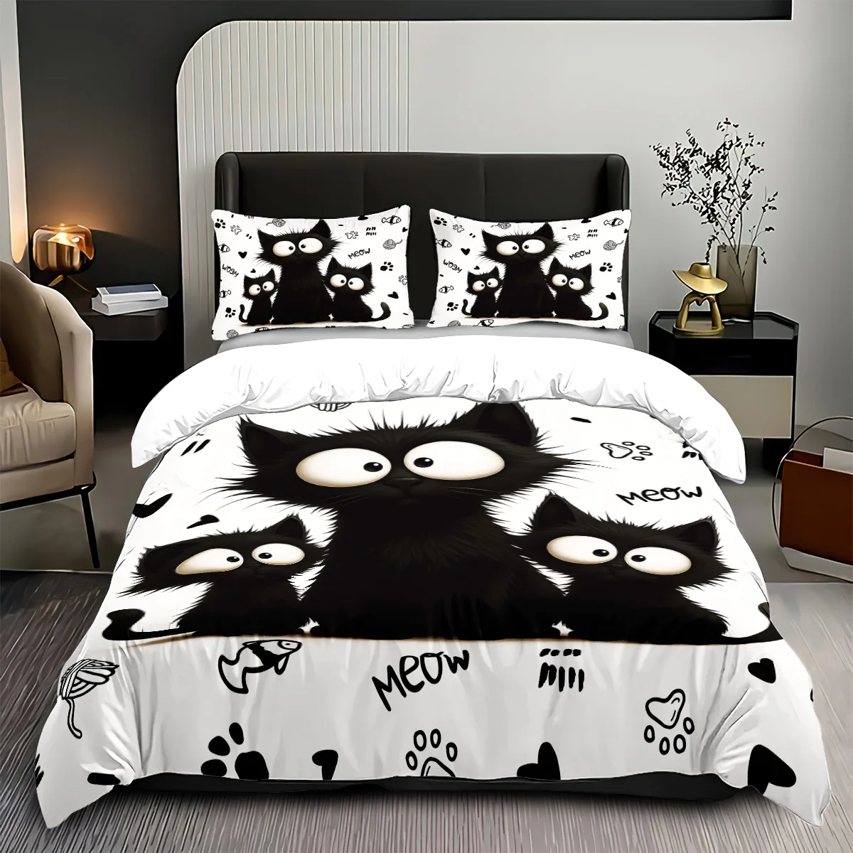 2026 3pc Black Cat Printed Bedding Set with Coreless, Soft and Comfortable Multi Size Machine Washable 1 Duvet Cover+2 Pillowcas