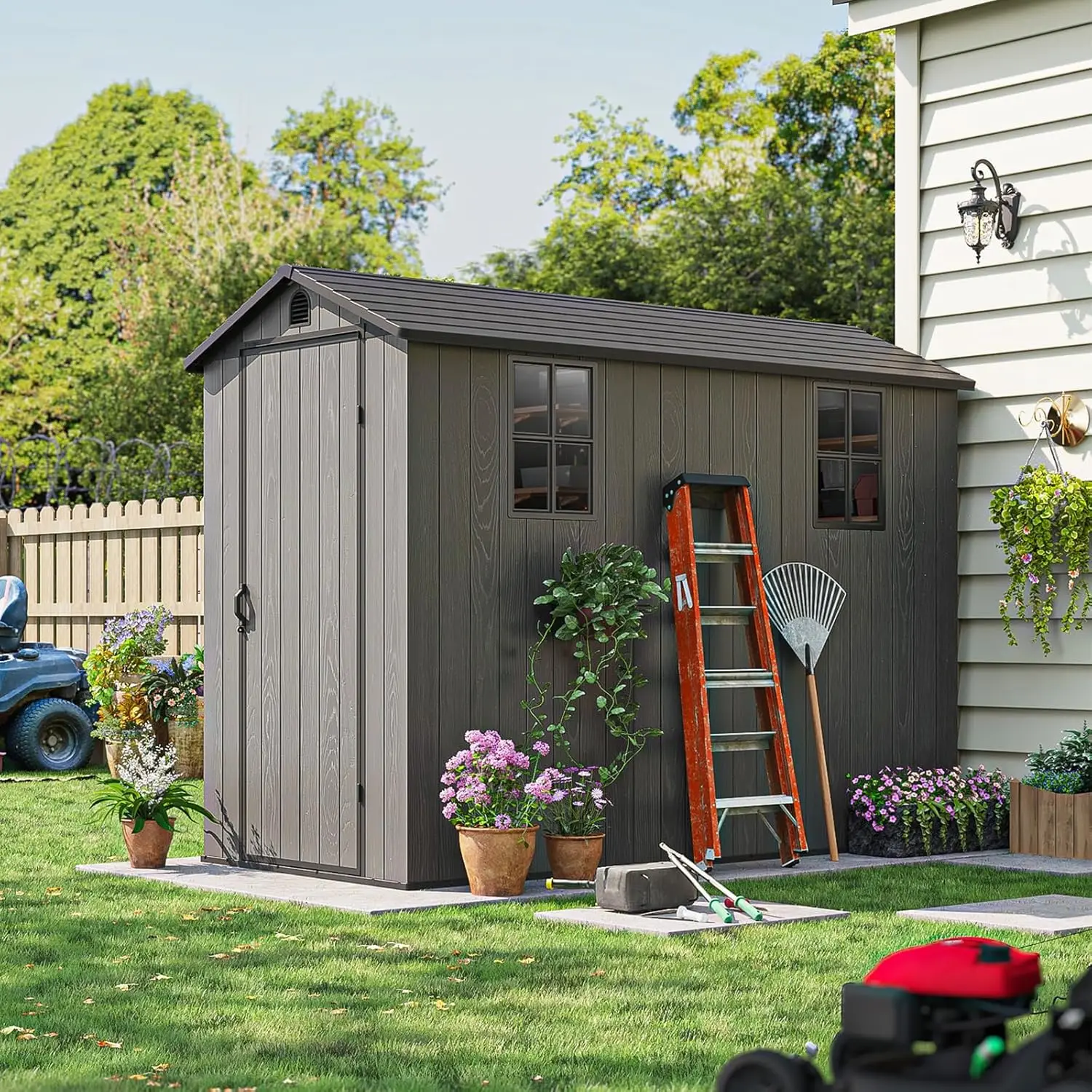 4' X 8' Plastic Outdoor Storage Shed with Floor Resin Outside Tool Shed with Windows and Lockable Door Gray(Fit-it Shed)