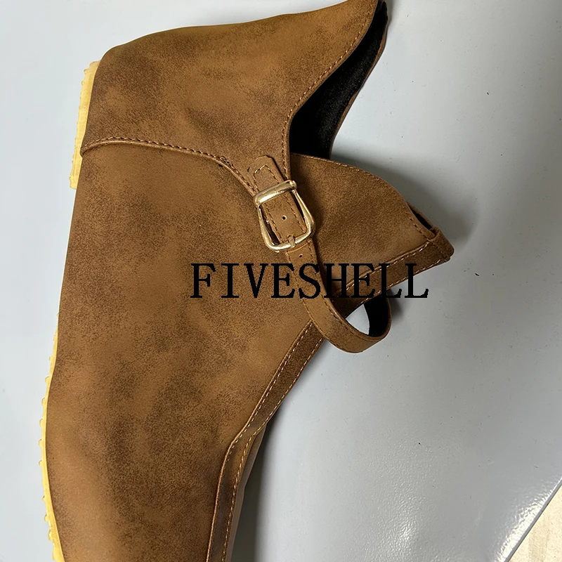 Botas de couro vintage com fivela marrom para mulheres, sapatos baixos curtos, cosplay do príncipe e cavaleiro medieval, fantasia pirata renascentista