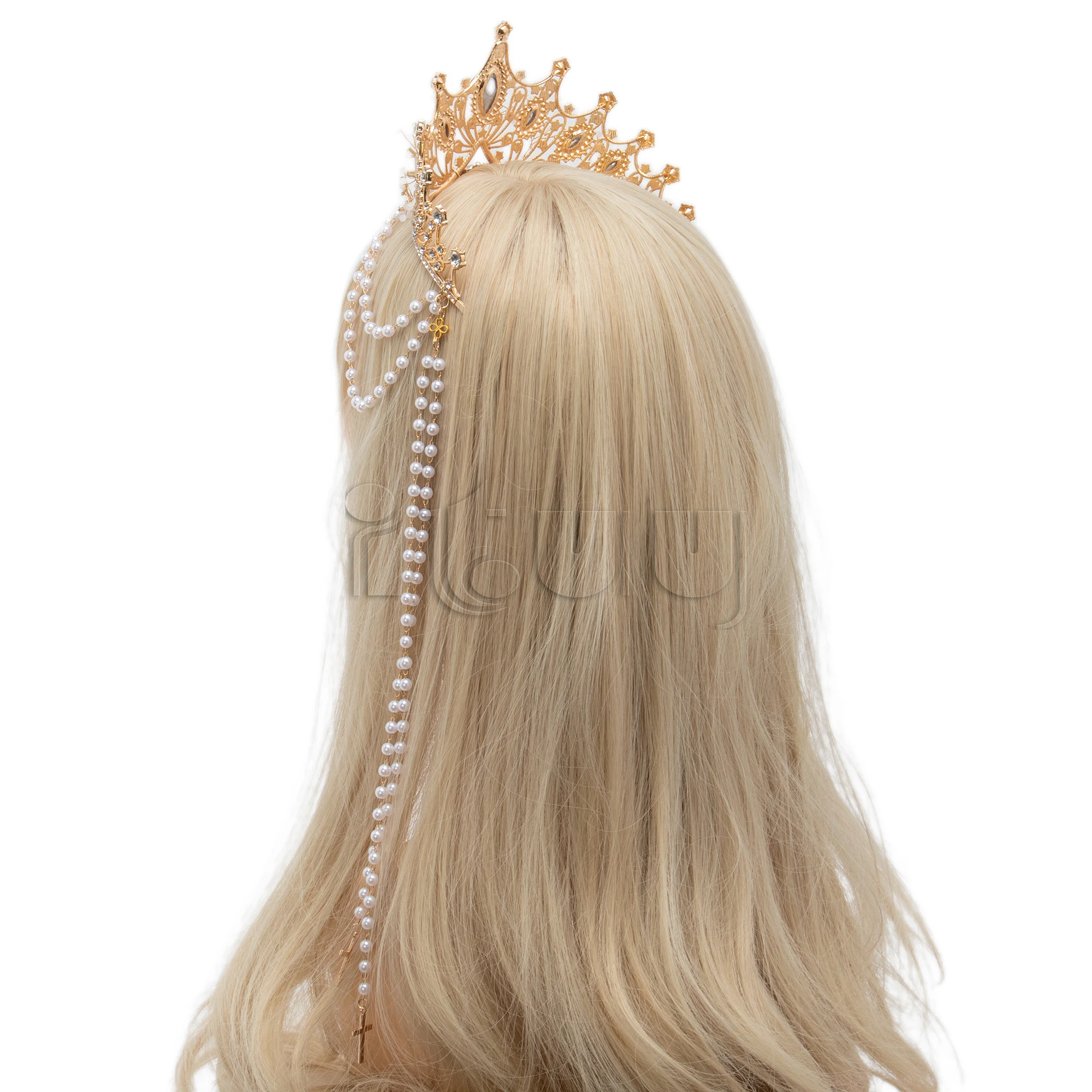 Halo couronne Lolita princesse or noir couronne casque reine pape gothique magnifique perle chaîne pendentif cheveux accessoires coiffure