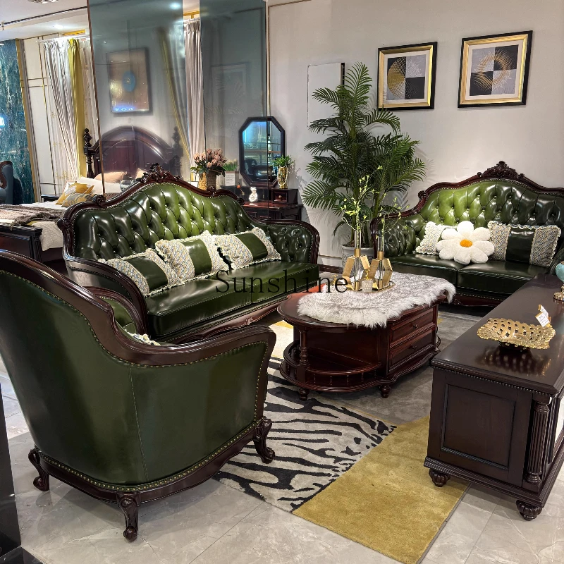 

American retro solid wood leather sofa first layer cowhide light luxury simple country