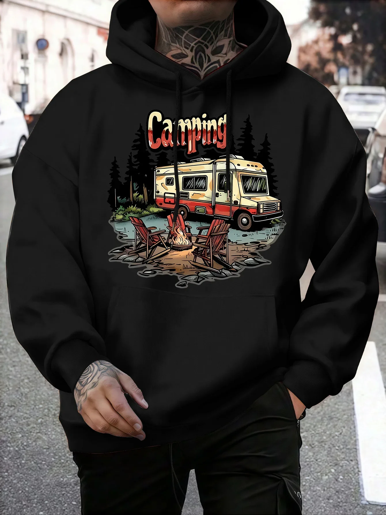 Men Camping RV Camper Van Hoodie Pine Tree Forest Campfire Graphic Oversized Vintage Outdoor Streetwear Fleece Sweatshirt Winter