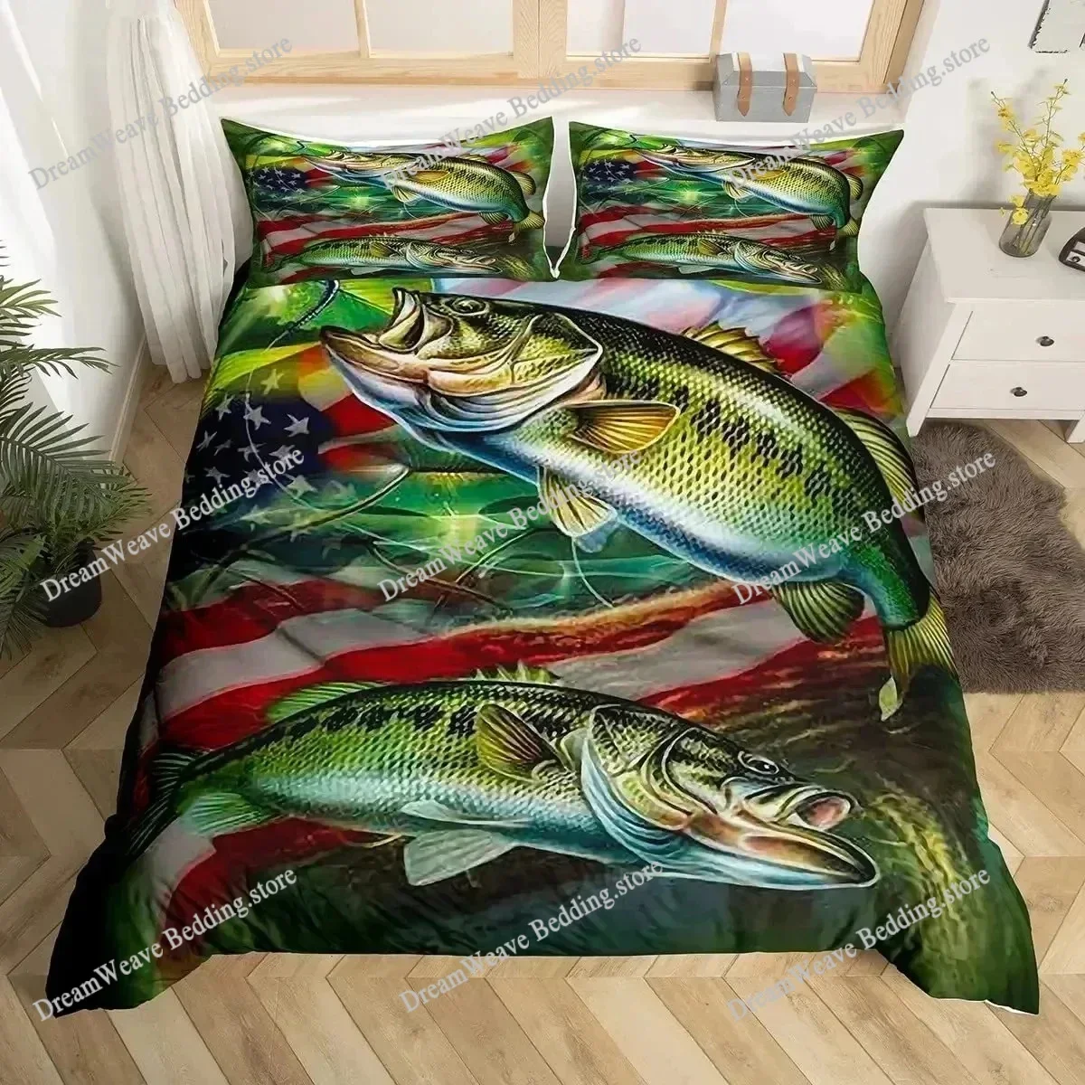 Pike Fish Bedding Striped Bass Big Pattern Hunting and Fishing Themed Duvet Cover for Boys BedRoom Decorations for Teens592FQH